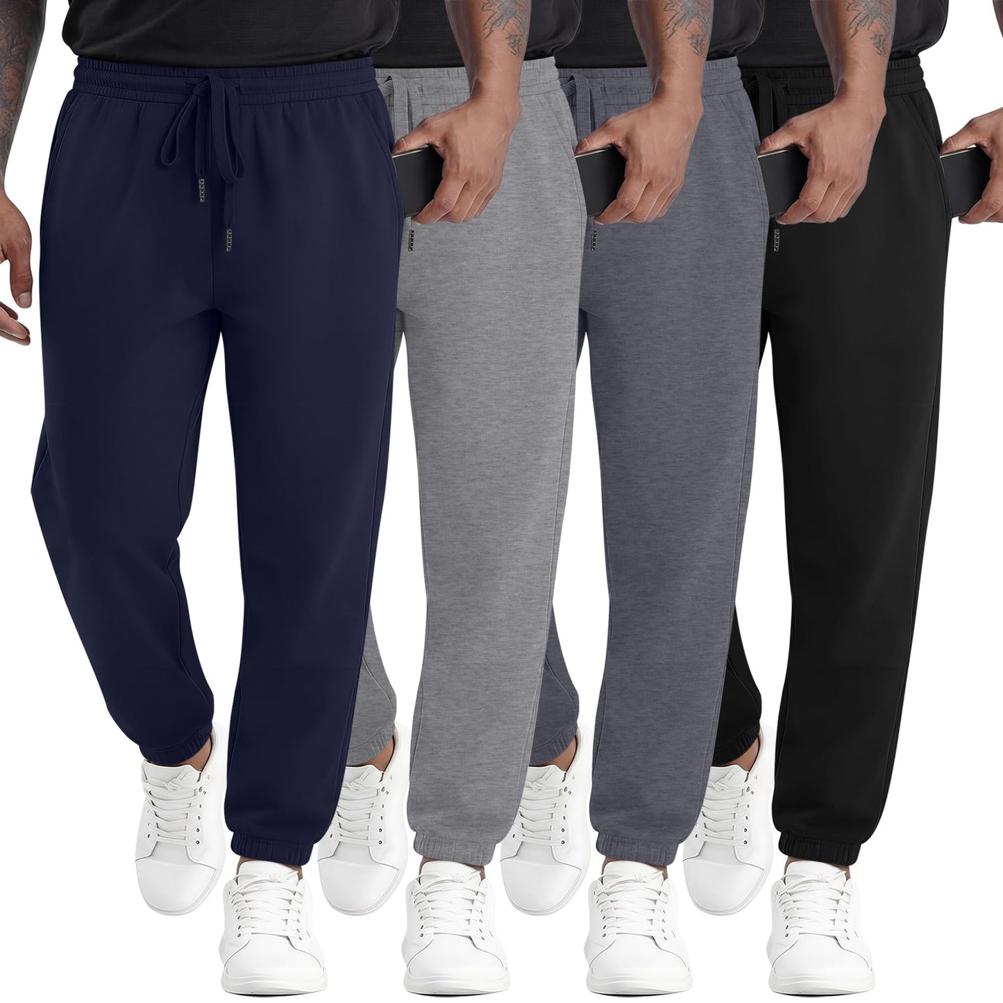 August Alley 4 Pack Mens Athletic Joggers Gym Workout Running Sweatpants Lounge Drawstring Track Sweat Pants with Pockets