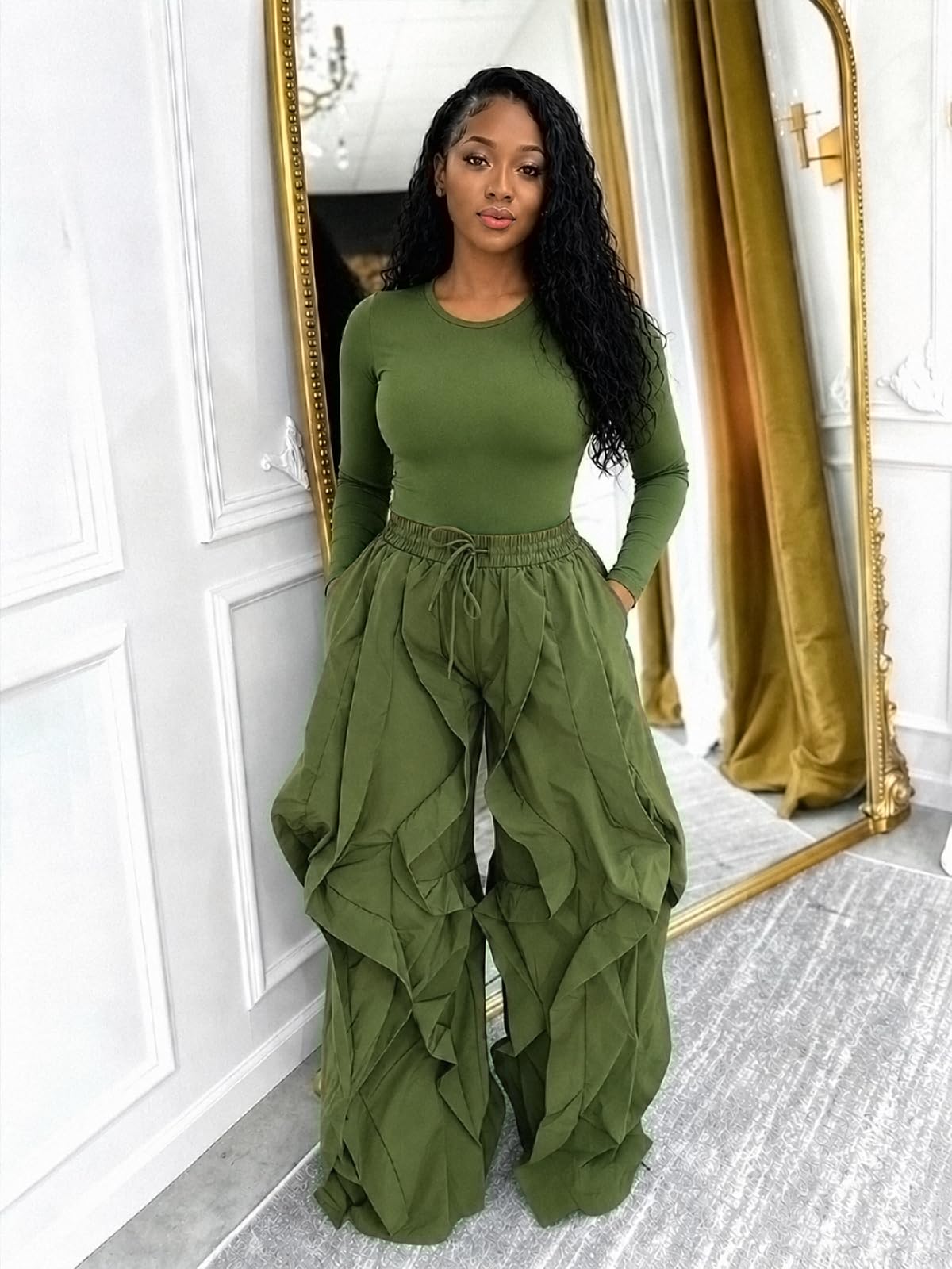 knowfashionstyle Women 2 Piece Outfits Cargo Parachute Pants Set Long Sleeve Top Baggy Y2K Balloon Pant Going Out Night Club