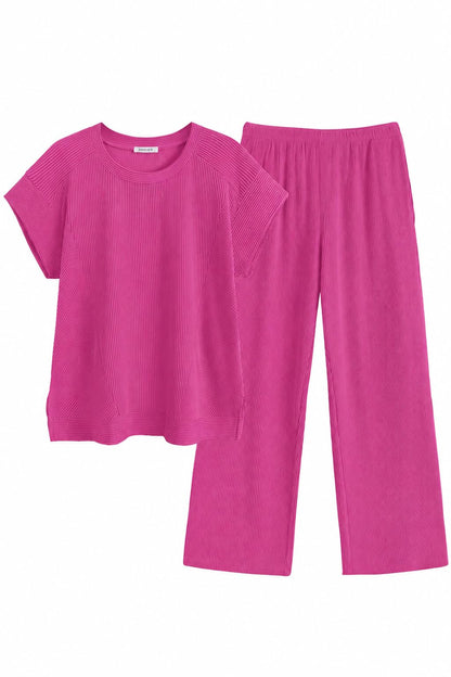 Ekouaer Two Piece Sets for Women 2026 Travel Outfits Short Sleeve Top Wide Leg Pants Rib Tracksuits Summer Fashion Lounge Set