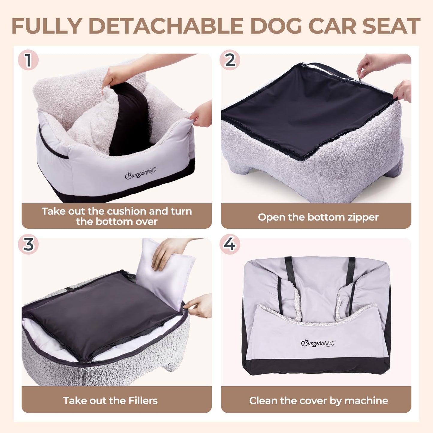 BurgeonNest Dog Car Seat for Small Dogs, Soft Pet Car Travel Home Bed Under 25 lbs, Fully Detachable and Washable Cat Booster Carseats with Storage Pockets and Clip-On Leash Portable Carrier,Black