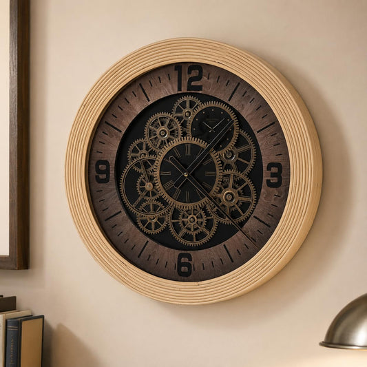 27 inch Large Real Moving Gears Wall Clocks for Living Room Decor | Vintage Industrial Oversized Rustic Wood Clock For Farmhouse Kitchen Office Fireplace Wall Decor (Brown)