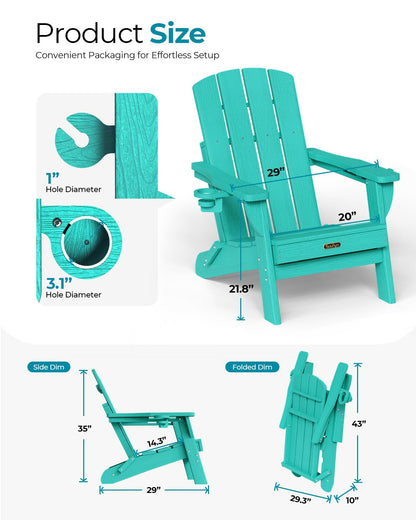Folding Adirondack Chair, HDPE Adirondack Chairs with 2 Cup Holder, Plastic All-Weather Fire Pit Chairs, Outdoor Lawn Chair for Patio Garden (Grey)