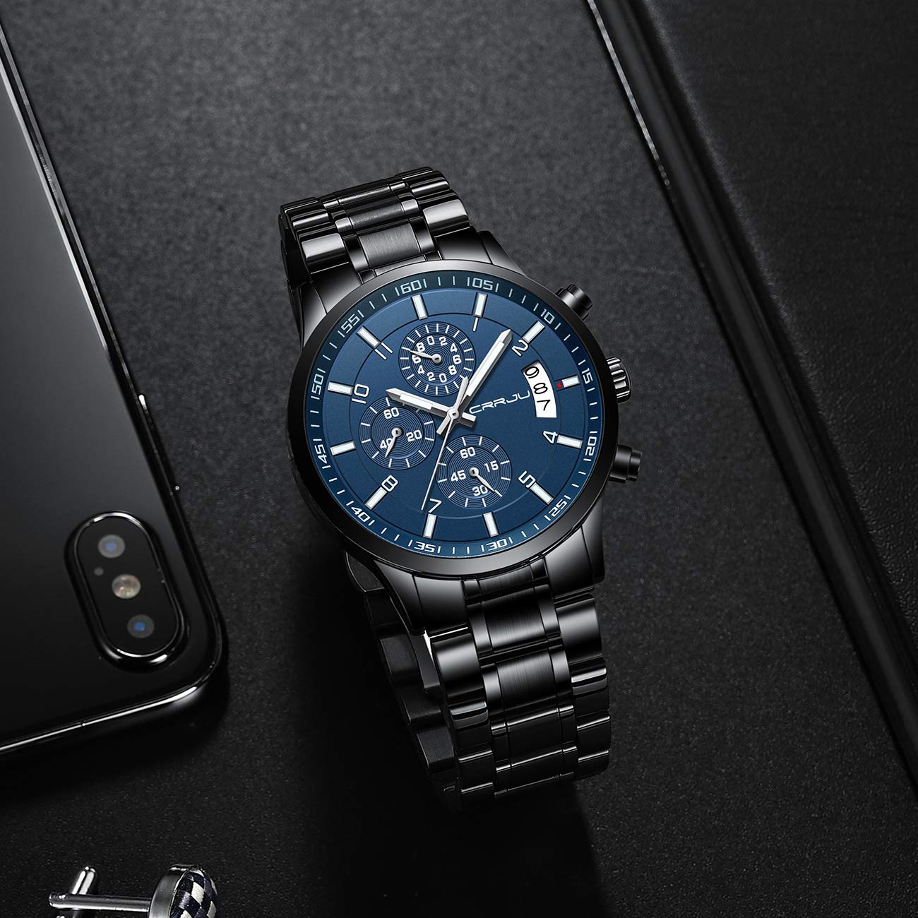 CRRJU Men's Fashion Stainless Steel Watches Date Waterproof Chronograph Wristwatches,Black Steel Band Waterproof Quartz Watch for Men