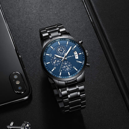 CRRJU Men's Fashion Stainless Steel Watches Date Waterproof Chronograph Wristwatches,Black Steel Band Waterproof Quartz Watch for Men