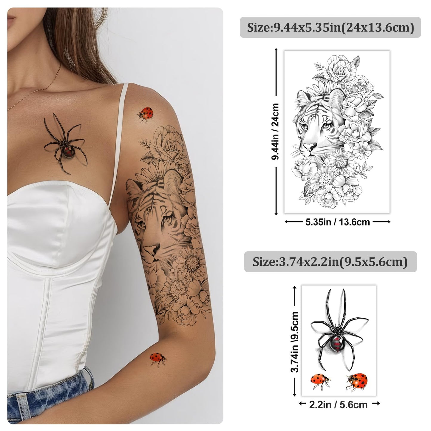 Yazhiji 36 Sheets Temporary Tattoos Stickers, 12 Sheets Fake Body Arm Chest Shoulder Tattoos for Men or Women with 24 PCS Tiny Black Tattoos