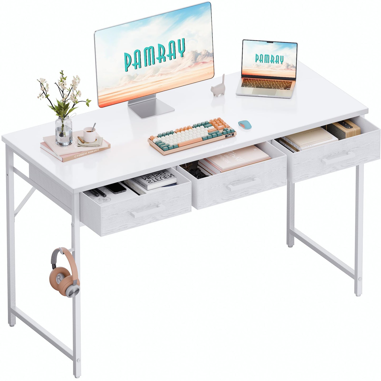 Pamray 32 Inch Small Computer Desk with 2 Drawers for Bedroom Study Writing Home Office Table for Small Spaces White