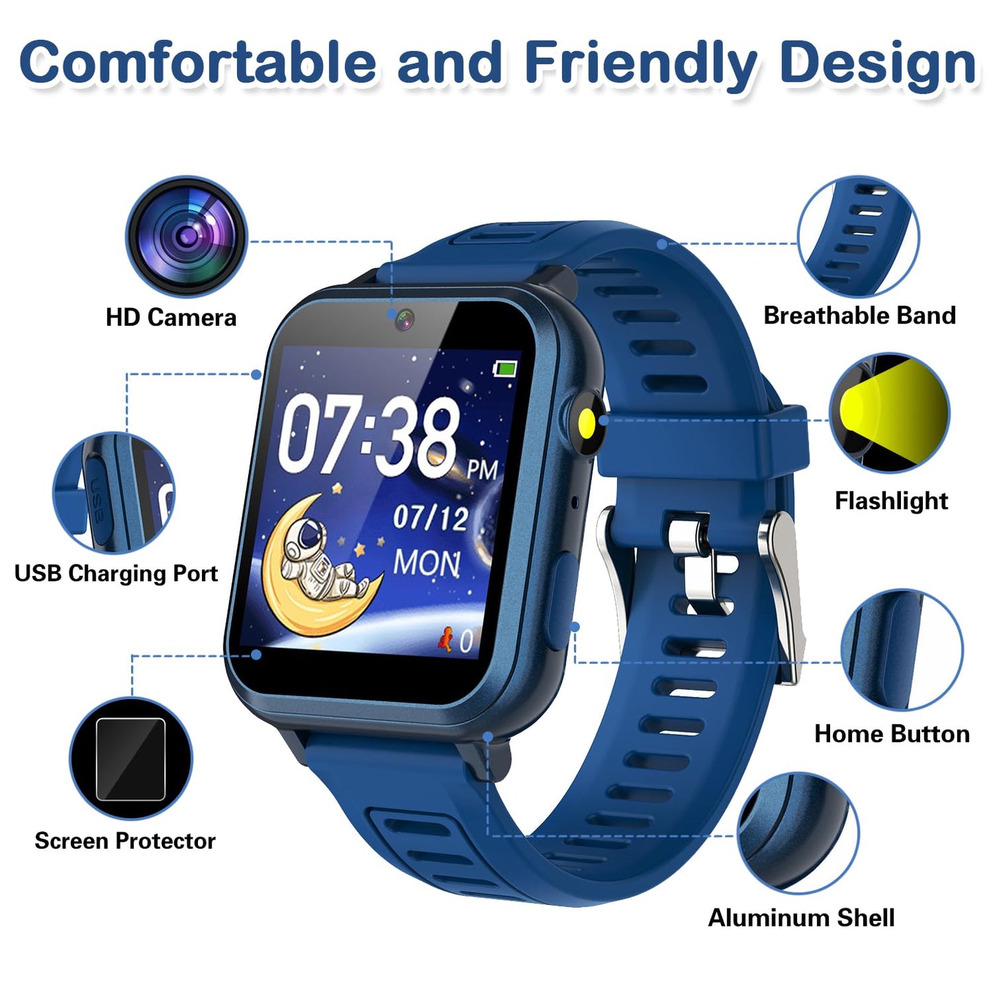 Cosjoype Kids Game Smart Watch for Kids with 39 Puzzle Games HD Touch Screen Camera Music Player Pedometer Alarm Clock Calculator Flashlight 12/24hr Kid Watch Gift for 4-12 Year Old Boys Toys for Kid