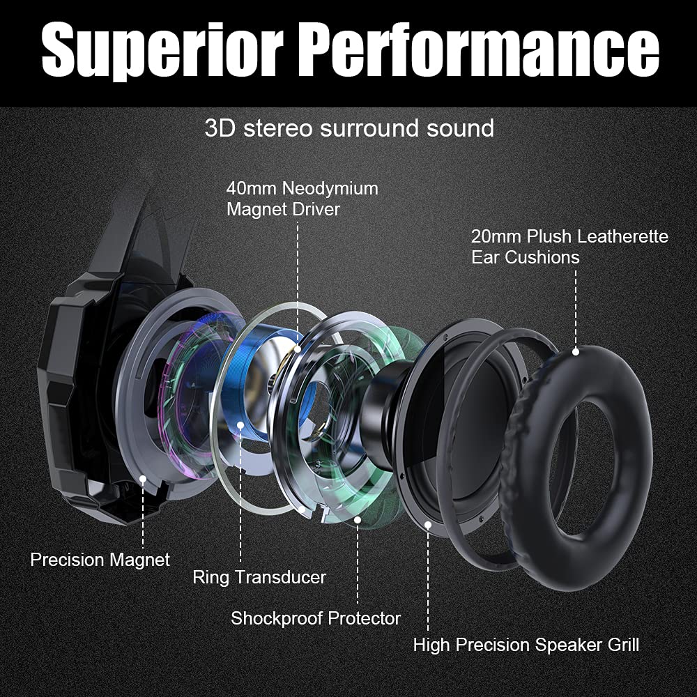 BENGOO G9000 Stereo Gaming Headset for PS4 PC Xbox One PS5 Controller, Noise Cancelling Over Ear Headphones with Mic, LED Light, 7.1 Surround Sound, Soft Memory Earmuffs for Nintendo Xbox Series X|S