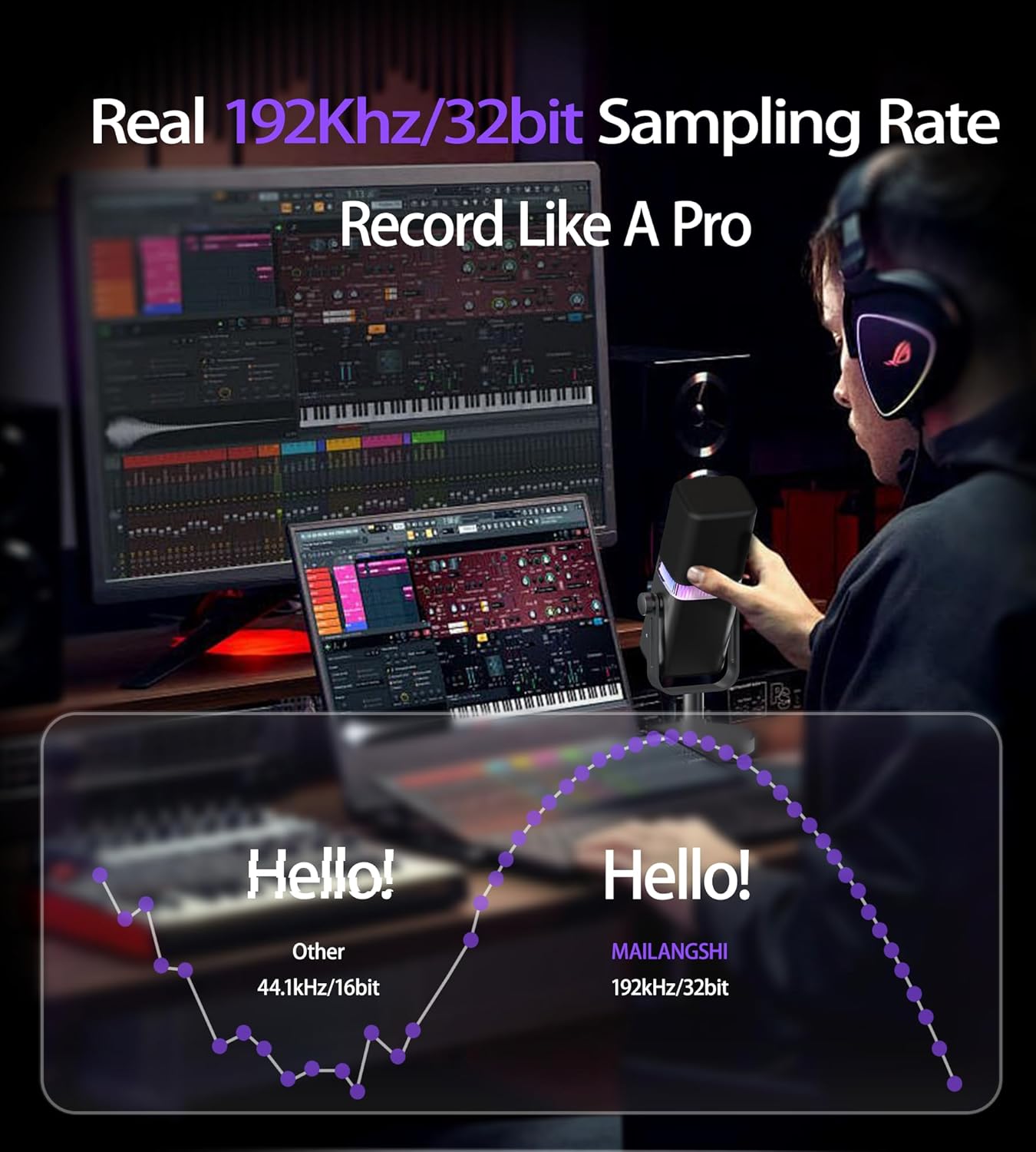MAILANGSHI 192KHz/32bit Dynamic Podcast Microphone for PC, USB & XLR Mic with RGB Lighting, Desktop Stand, Mute Button, All-Metal Body, Gain & Volume Control, Gaming Microphone for Livestreaming