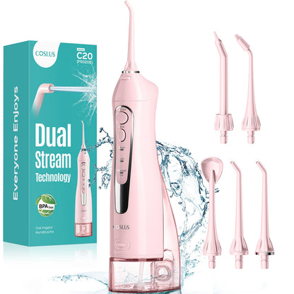 COSLUS ADA Accepted Water Dental Flosser Teeth Pick C20: Portable Cordless Oral Irrigator 300ML Rechargeable Travel Irrigation Cleaner IPX7 Waterproof Electric Flossing Machine, Professional Set Black