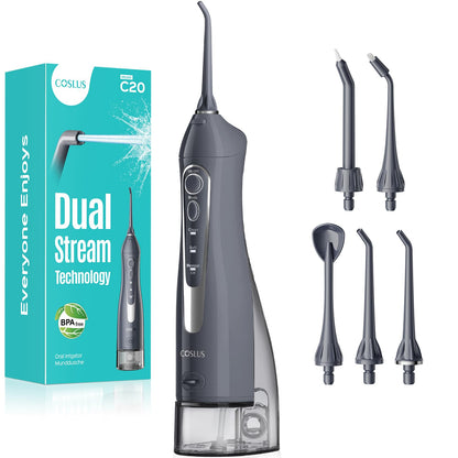 COSLUS ADA Accepted Water Dental Flosser Teeth Pick C20: Portable Cordless Oral Irrigator 300ML Rechargeable Travel Irrigation Cleaner IPX7 Waterproof Electric Flossing Machine, Professional Set Black