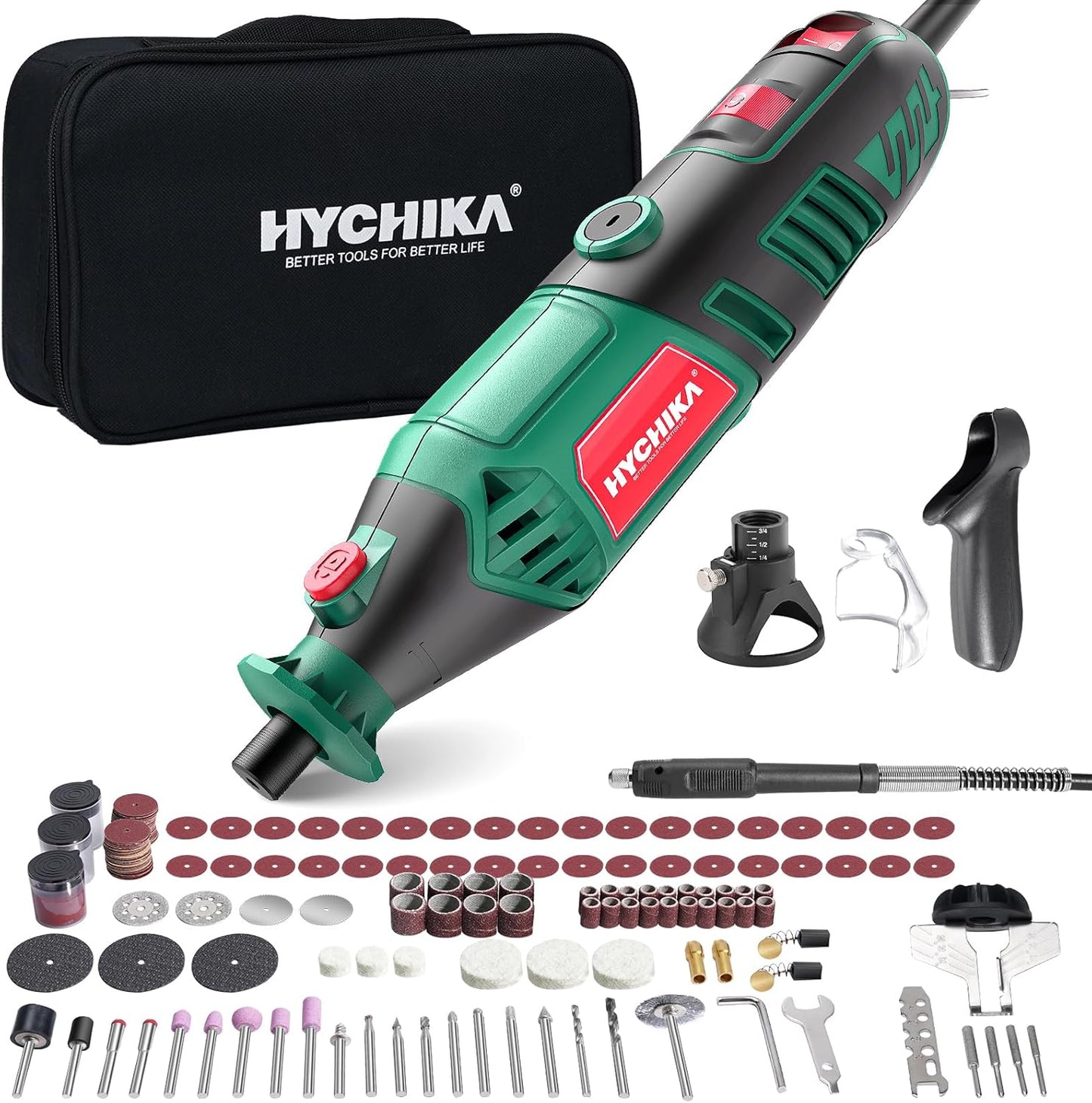 HYCHIKA 8000-35000 RPM Variable Speed Rotary Tool Kit with 179 Pcs Accessories, 180W Power Rotary Tool with Grinding Chain Bracket Flex Shaft for Wood Carving, Grinding, Cutting, Sanding, Polishing