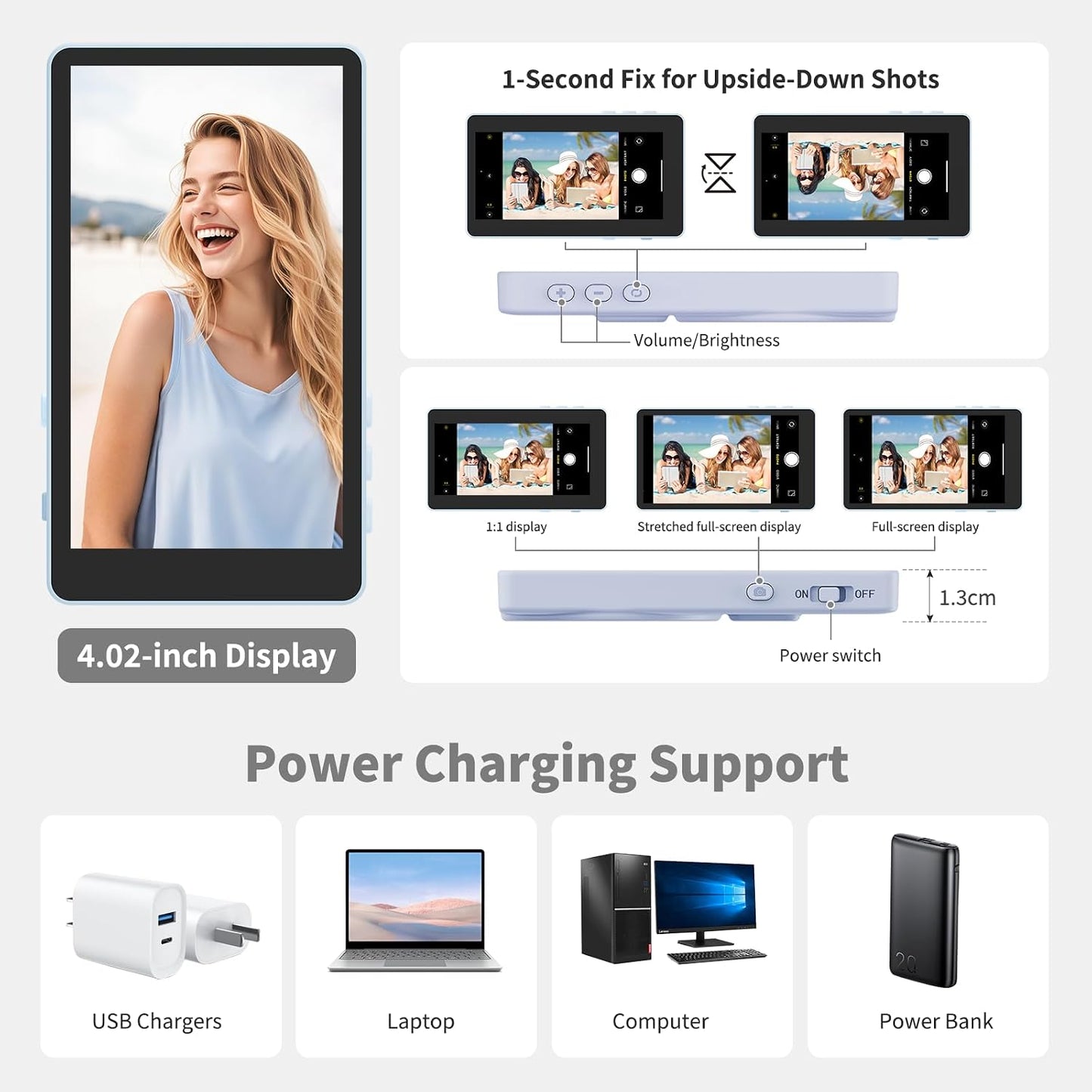 Selfie Monitor Screen, Vlog 4K 30fps Video Recording for iPhone & Android Using Phone Rear Camera for Selfie Vlog Live Stream TikTok, with Blue Tooth Remote, Content Creator Essentials (Purple)