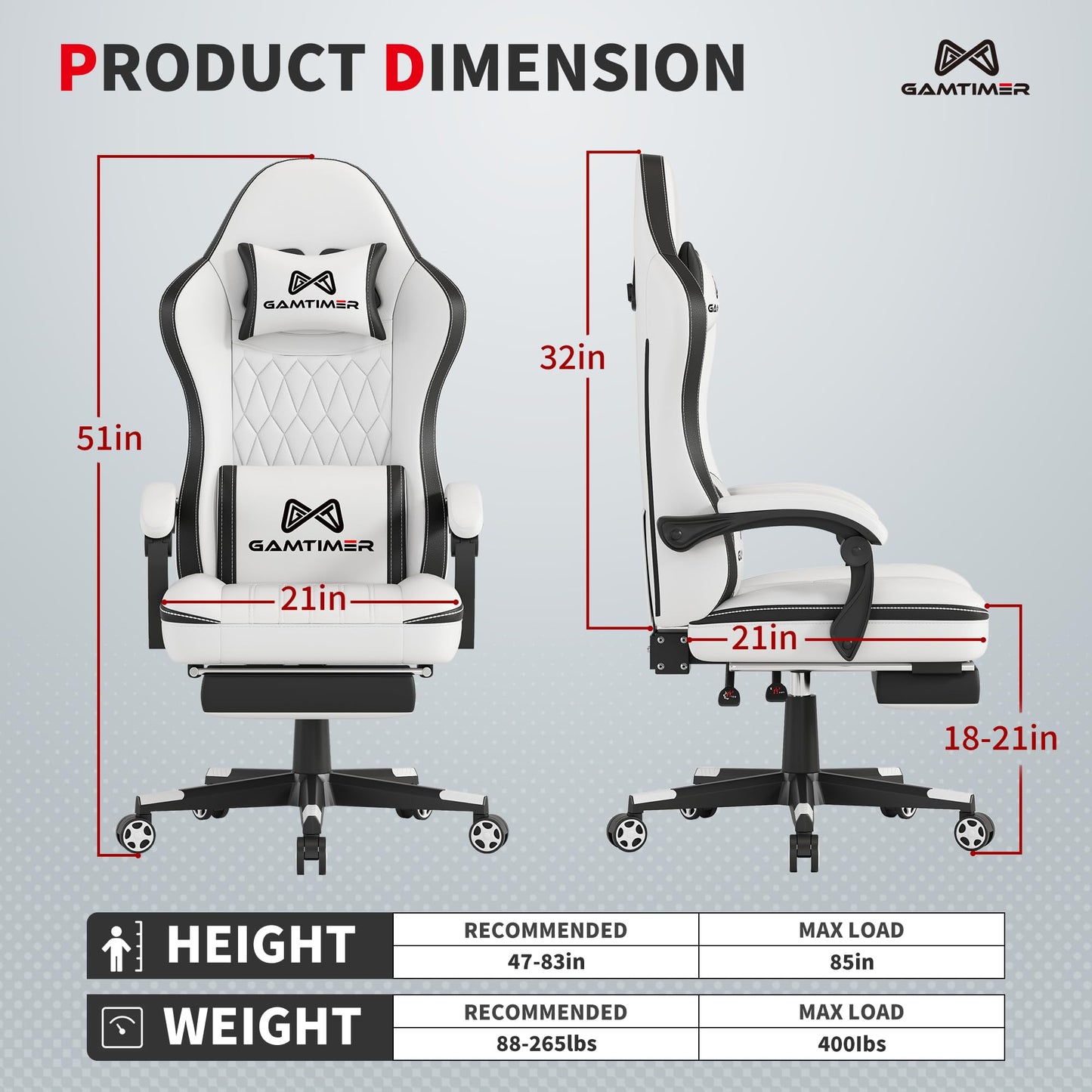 Gamtimer Gaming Chair with Footrest, Ergonomic Computer Chair, PU Breathable Material with Headrest and Lumbar Support, Suitable for Silla Gamer and Adults（Grey）