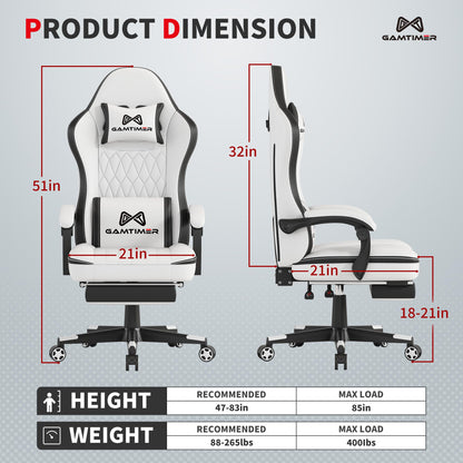 Gamtimer Gaming Chair with Footrest, Ergonomic Computer Chair, PU Breathable Material with Headrest and Lumbar Support, Suitable for Silla Gamer and Adults（Grey）