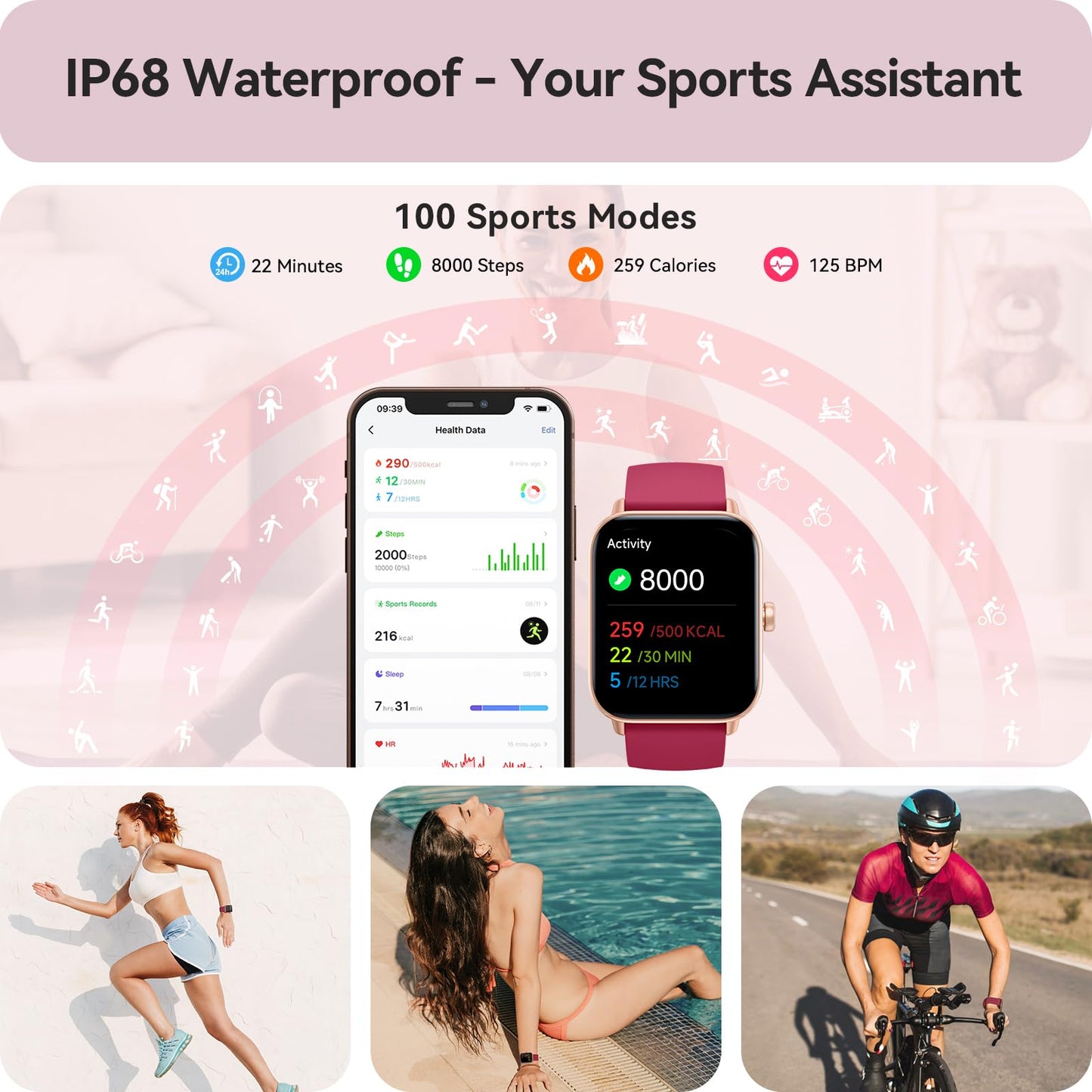 Smart Watch for Women Android & iPhone, Alexa Built-in, IP68 Waterproof Activity Fitness Tracker with Bluetooth Call (Answer/Make), 1.8" Smartwatch with Heart Rate/SpO2/Sleep Monitor, 100+ Sports Mode | Pink