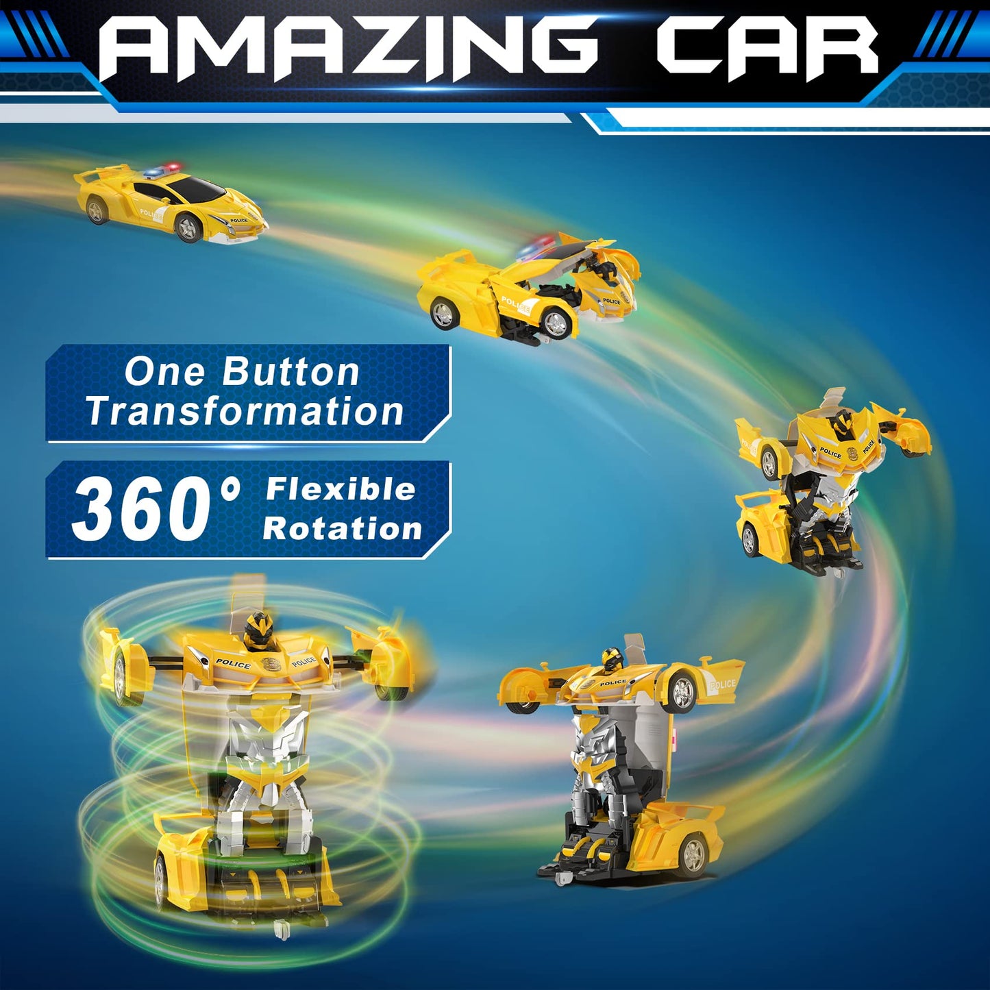 FDJ Remote Control Car - Transform Toys Car Robot, One Button Deformation to Robot with Flashing Light, 2.4Ghz 1:18 Scale Transforming Police Car Kids Toys with 360 Degree Rotating, Girls Boys Toys