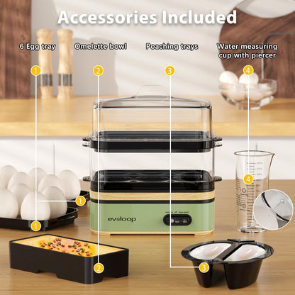Evoloop Rapid Egg Cooker Electric 12 Eggs Capacity, Soft, Medium, Hard Boiled, Poached, Omelet Maker Egg Poacher & Vegetable Steamer, BPA Free Tray