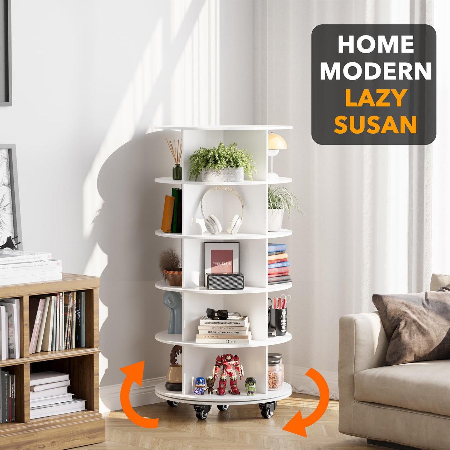 SpaceAid Spinning Shoe Rack with Wheels, 7 Tier Rotating Organizer Shoe Tower Lazy Susan with Thick Bottom, 360 Display Revolving Storage Shelf, Round Circular Rotate Organization, White