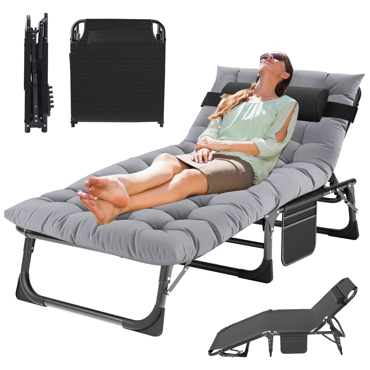 MOPHOTO Folding Lounge Chair 5-Position, Folding Cot, Portable Outdoor Chaise Lounge Chair for Sun Tanning, Perfect for Pool Beach Patio Sunbathing