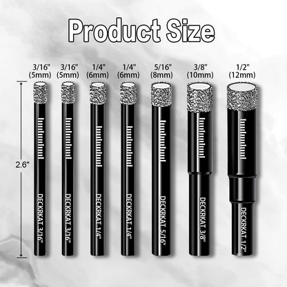 7 Piece Diamond Drill Bits Set, Core Drill Bits for Hard Materials - Tiles Ceramics Glass Stones – Built in Coolant, Fast Dry Drilling - Sizes 3/16" 1/4" 5/16" 3/8" 1/2" - Round Shank, Storage Case