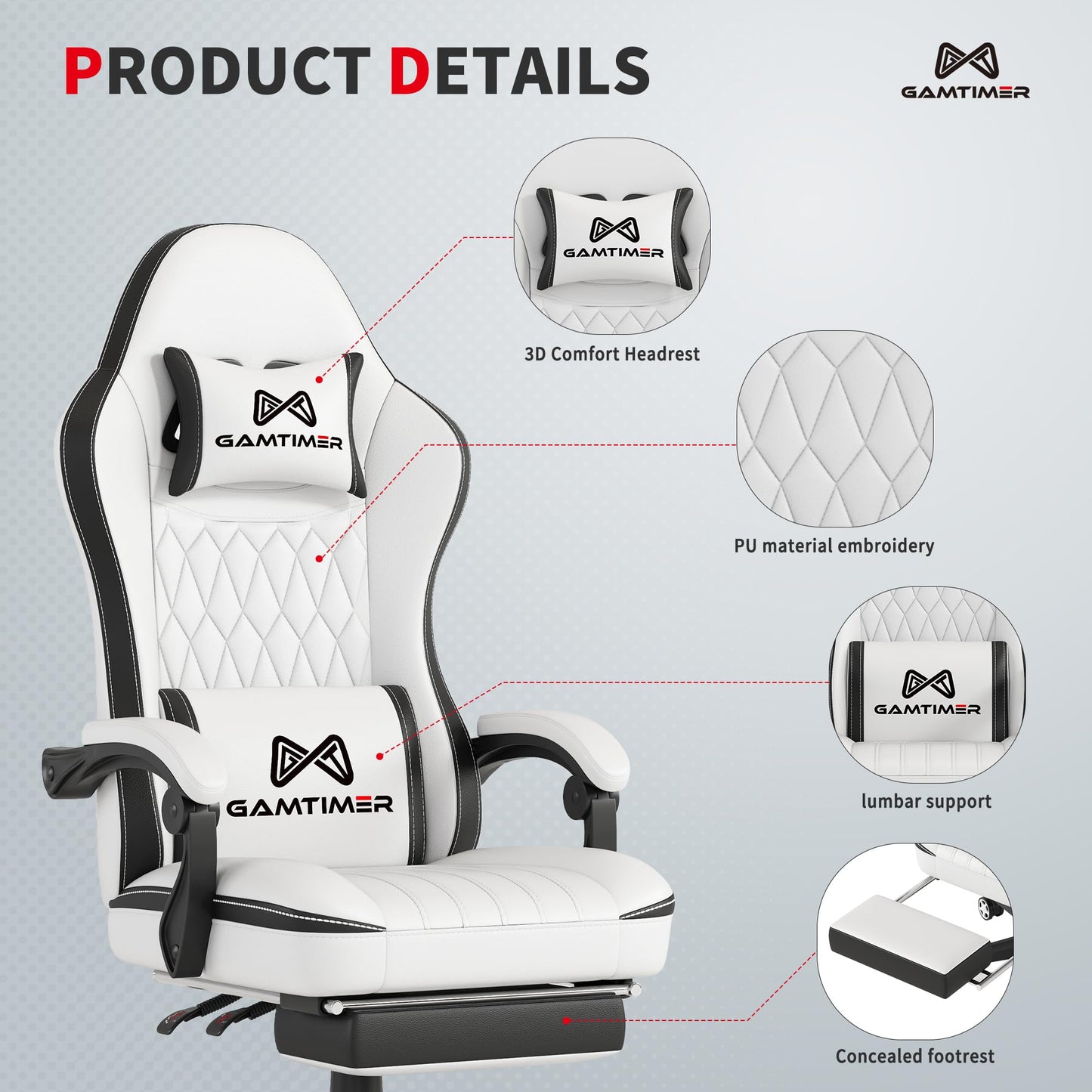 Gamtimer Gaming Chair with Footrest, Ergonomic Computer Chair, PU Breathable Material with Headrest and Lumbar Support, Suitable for Silla Gamer and Adults（Grey）