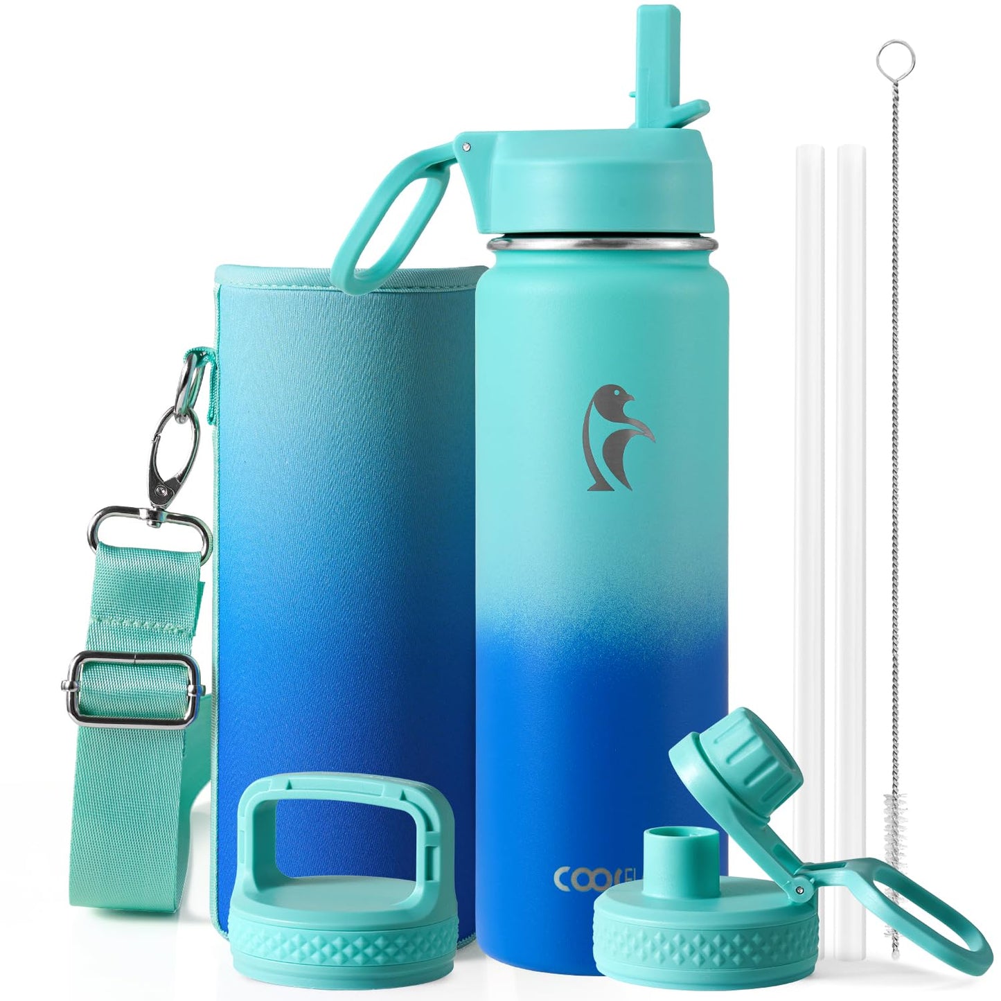 Half Gallon Water Bottle Insulated with Straw & 3 Lids, Coolflask 64 oz Water Jug Large Metal Stainless Steel Wide Mouth for Sports, Gym or Office, Non-BPA Keep Cold 48H Hot 24H, Samurai Cyan