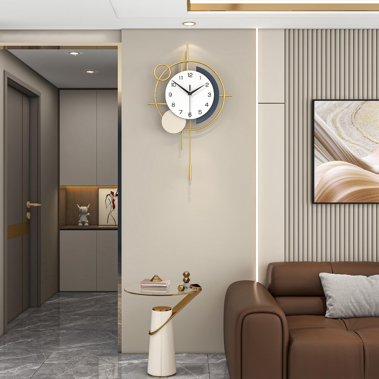 Wall Clock Decorative Large Modern Wall Clock Silent Non-Ticking Battery Operated Gold Unique Pendulum Clock for Living Room,Bedroom,Office,Kitchen,Bathroom,Wall Decor 13.8x21.9in