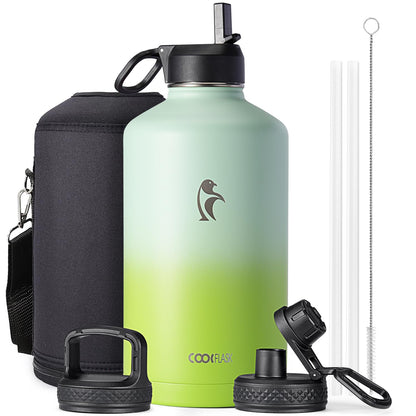Half Gallon Water Bottle Insulated with Straw & 3 Lids, Coolflask 64 oz Water Jug Large Metal Stainless Steel Wide Mouth for Sports, Gym or Office, Non-BPA Keep Cold 48H Hot 24H, Samurai Cyan