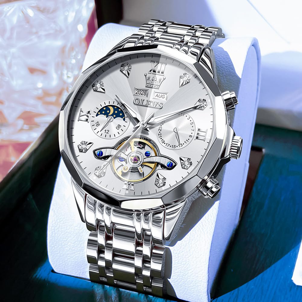 OLEVS Skeleton Men Watches Automatic Business Luxury Diamond Self Winding Watch for Men Stainless Steel Calendar Wrist Watch