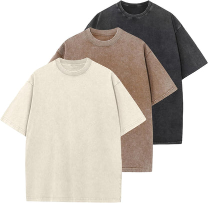 Men's Cotton T-Shirts Oversized Unisex Short Sleeves Casual Loose Wash Solid Basic Tee Tops