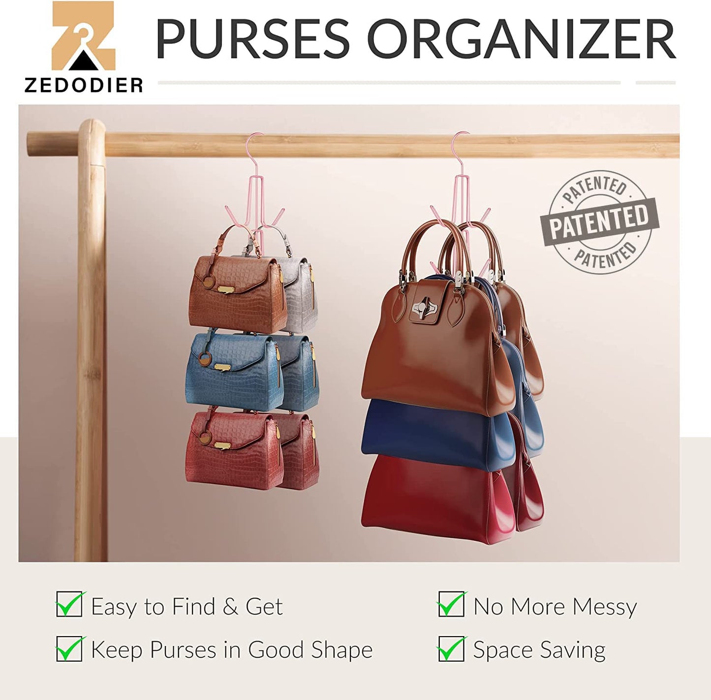ZEDODIER 2 Pack Purse Organizer for Closet, Heavy-Duty Hanging Purse Hanger Closet Holds Up to 12 Purses, Metal Rotating Space Saving Bag Holder Handbag Storage Hook Backpack Rack, Silver