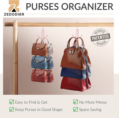 ZEDODIER 2 Pack Purse Organizer for Closet, Heavy-Duty Hanging Purse Hanger Closet Holds Up to 12 Purses, Metal Rotating Space Saving Bag Holder Handbag Storage Hook Backpack Rack, Silver