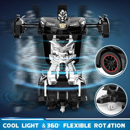 FDJ Remote Control Car - Transform Toys Car Robot, One Button Deformation to Robot with Flashing Light, 2.4Ghz 1:18 Scale Transforming Police Car Kids Toys with 360 Degree Rotating, Girls Boys Toys