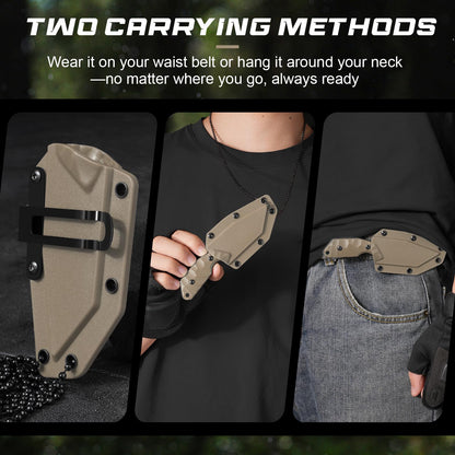 Neck Knife with Sheath and Necklace X-TAN-K, Horizontal Carry Knife with Full Tang Tanto 5Cr14MoV Steel Blade, Khaki ABS Handle, EDC, Outdoor, Camping & Hiking