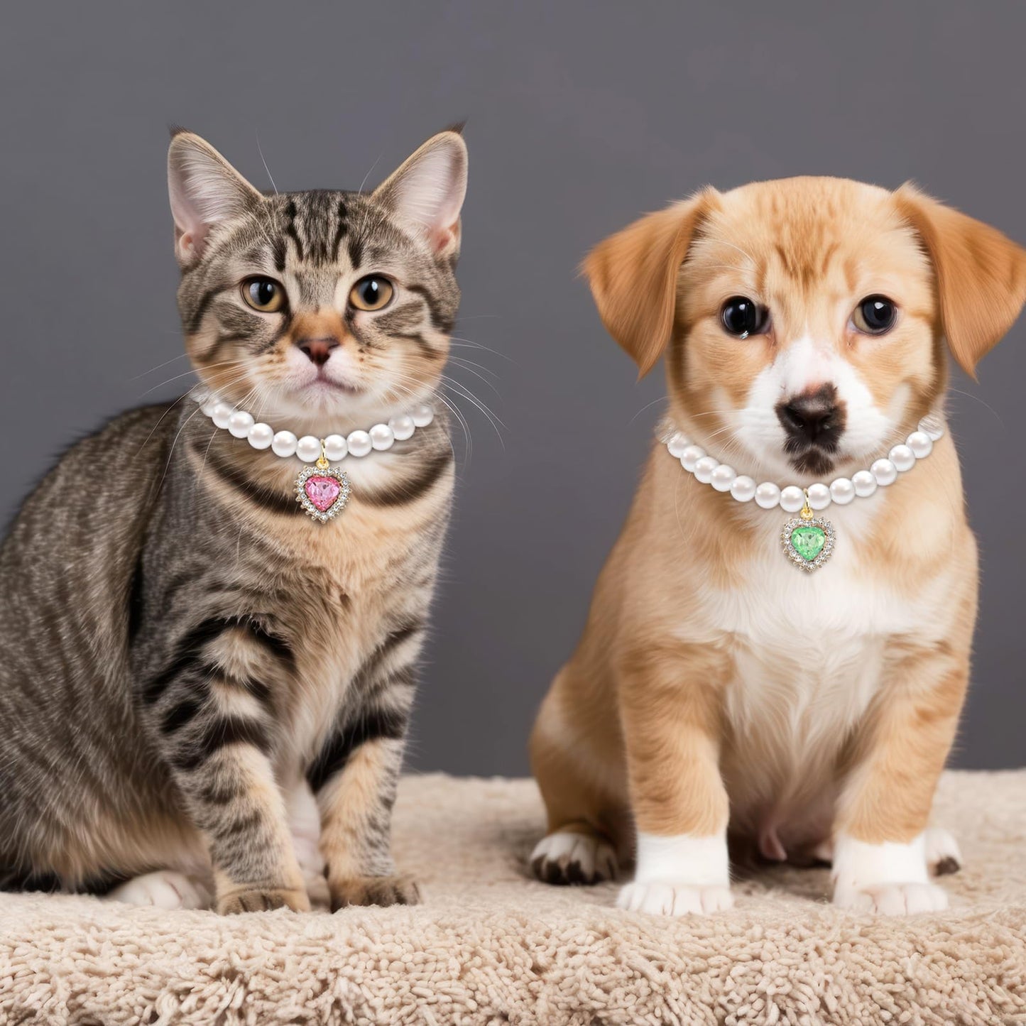 Tyqour 2pcs Cute Girl Cat Collar, Pearl Cat Dog Collar with Small Heart Shape Rhinestone for Small Dogs and Cats Adjustable Fancy Dog Pearl Necklace Collars, Pink Heart + White Heart