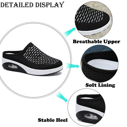 Women's Mesh Stretch Knitted Air Cushion Mule Clogs Fashion Comfortable Closed Round Toe Breathable Slip On Wedge Orthopedic Mules Sneaker for Summer Casual Beach Walking Slippers