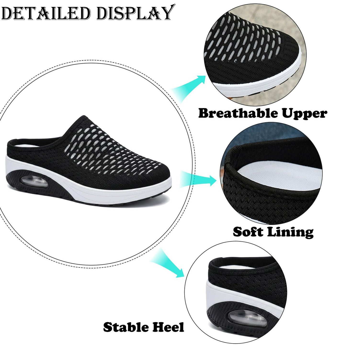 Women's Mesh Stretch Knitted Air Cushion Mule Clogs Fashion Comfortable Closed Round Toe Breathable Slip On Wedge Orthopedic Mules Sneaker for Summer Casual Beach Walking Slippers
