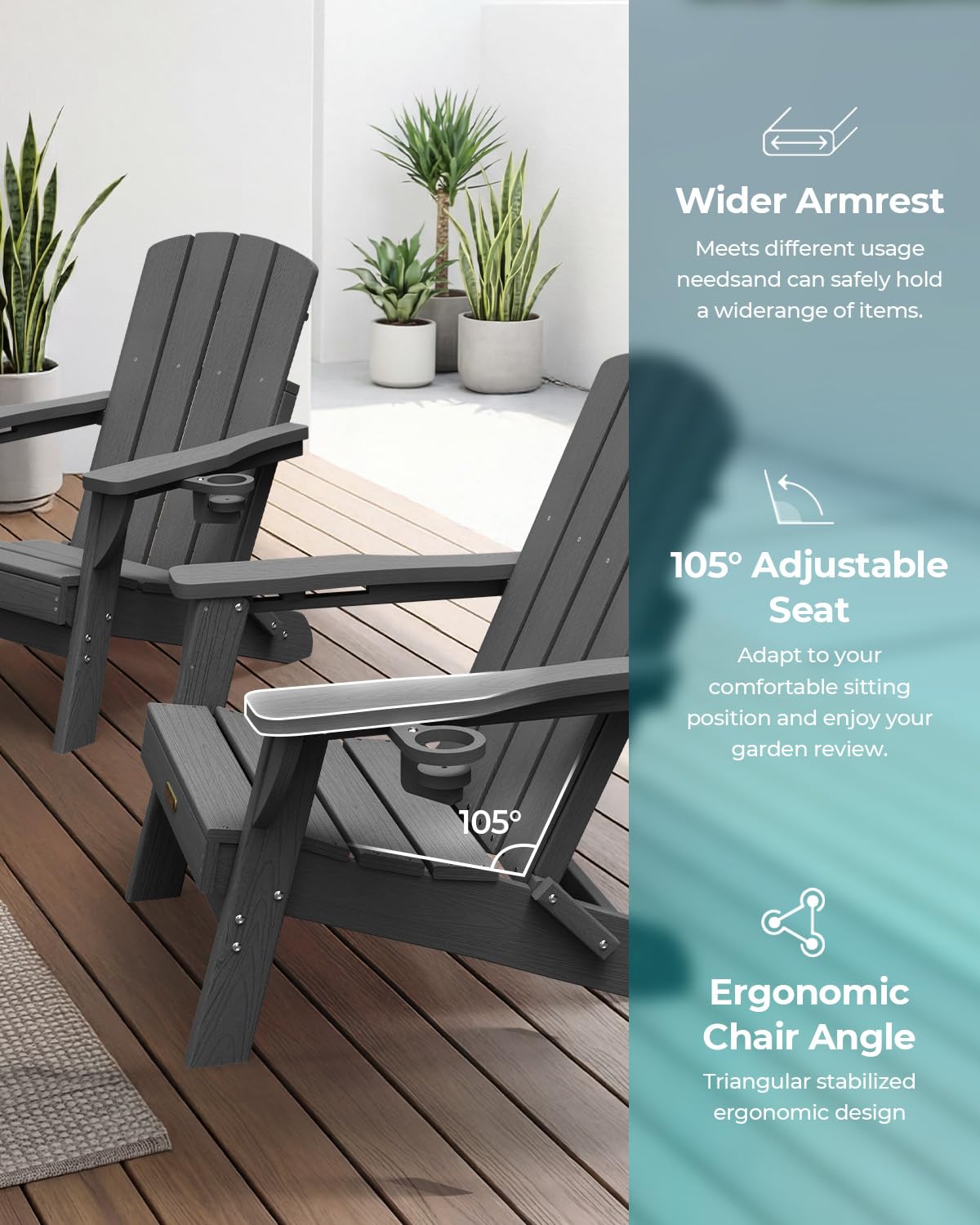 Folding Adirondack Chair, HDPE Adirondack Chairs with 2 Cup Holder, Plastic All-Weather Fire Pit Chairs, Outdoor Lawn Chair for Patio Garden (Grey)