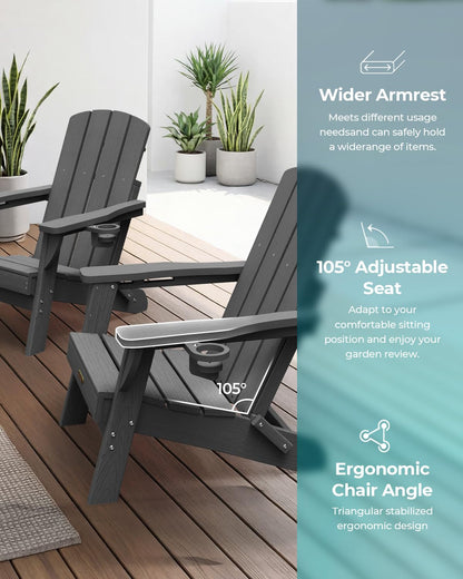 Folding Adirondack Chair, HDPE Adirondack Chairs with 2 Cup Holder, Plastic All-Weather Fire Pit Chairs, Outdoor Lawn Chair for Patio Garden (Grey)
