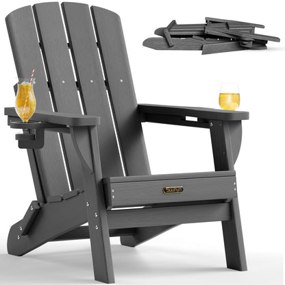 Folding Adirondack Chair, HDPE Adirondack Chairs with 2 Cup Holder, Plastic All-Weather Fire Pit Chairs, Outdoor Lawn Chair for Patio Garden (Grey)