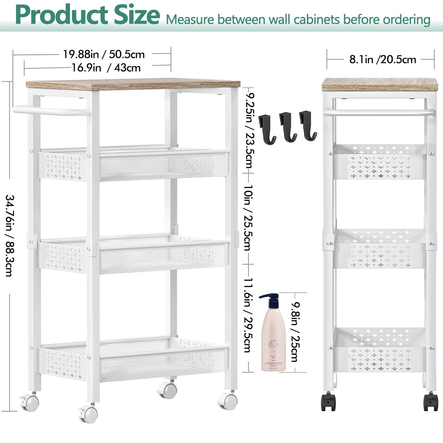 Vivihomety Utility Slim Storage Cart with Wheels, 4 Tier Small Rolling Cart with Wood Top, Metal Kitchen Bathroom Laundry Room Organization Trolley with Handle for Narrow Space – Black