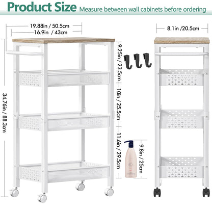 Vivihomety Utility Slim Storage Cart with Wheels, 4 Tier Small Rolling Cart with Wood Top, Metal Kitchen Bathroom Laundry Room Organization Trolley with Handle for Narrow Space – Black