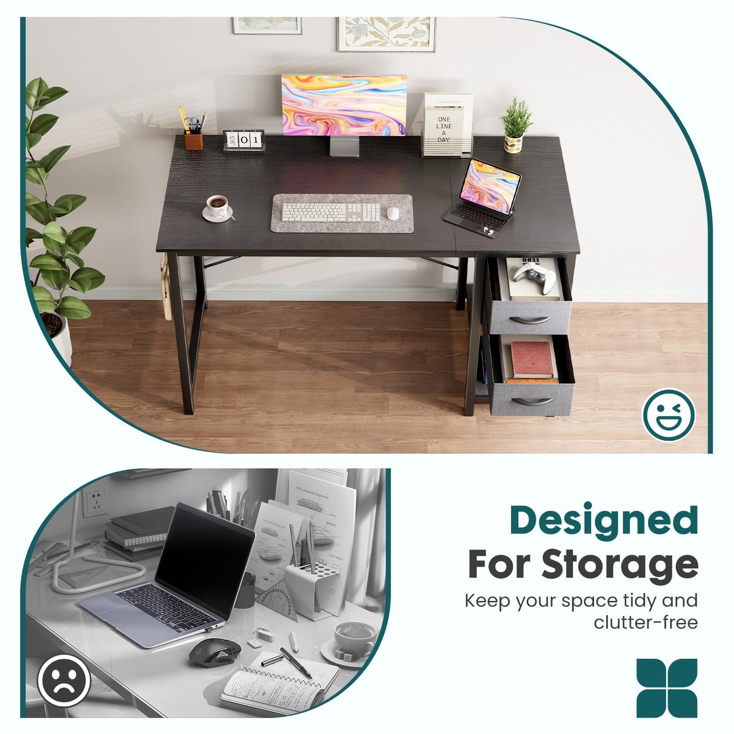 Sweetcrispy 47 Inch Computer Desk with Drawers for Home Office Writing Desk X Shaped Reinforcement Wood Surface Adjustable Position Modern Study Work Side Hook Metal Frame Storage Station Rust