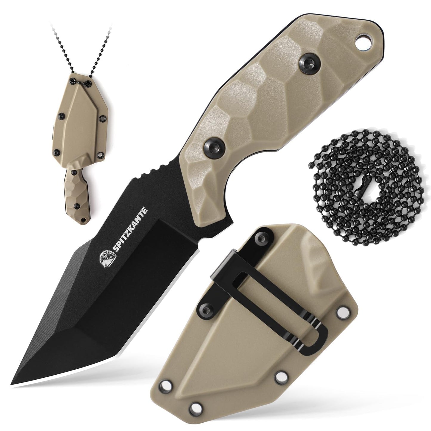Neck Knife with Sheath and Necklace X-TAN-K, Horizontal Carry Knife with Full Tang Tanto 5Cr14MoV Steel Blade, Khaki ABS Handle, EDC, Outdoor, Camping & Hiking