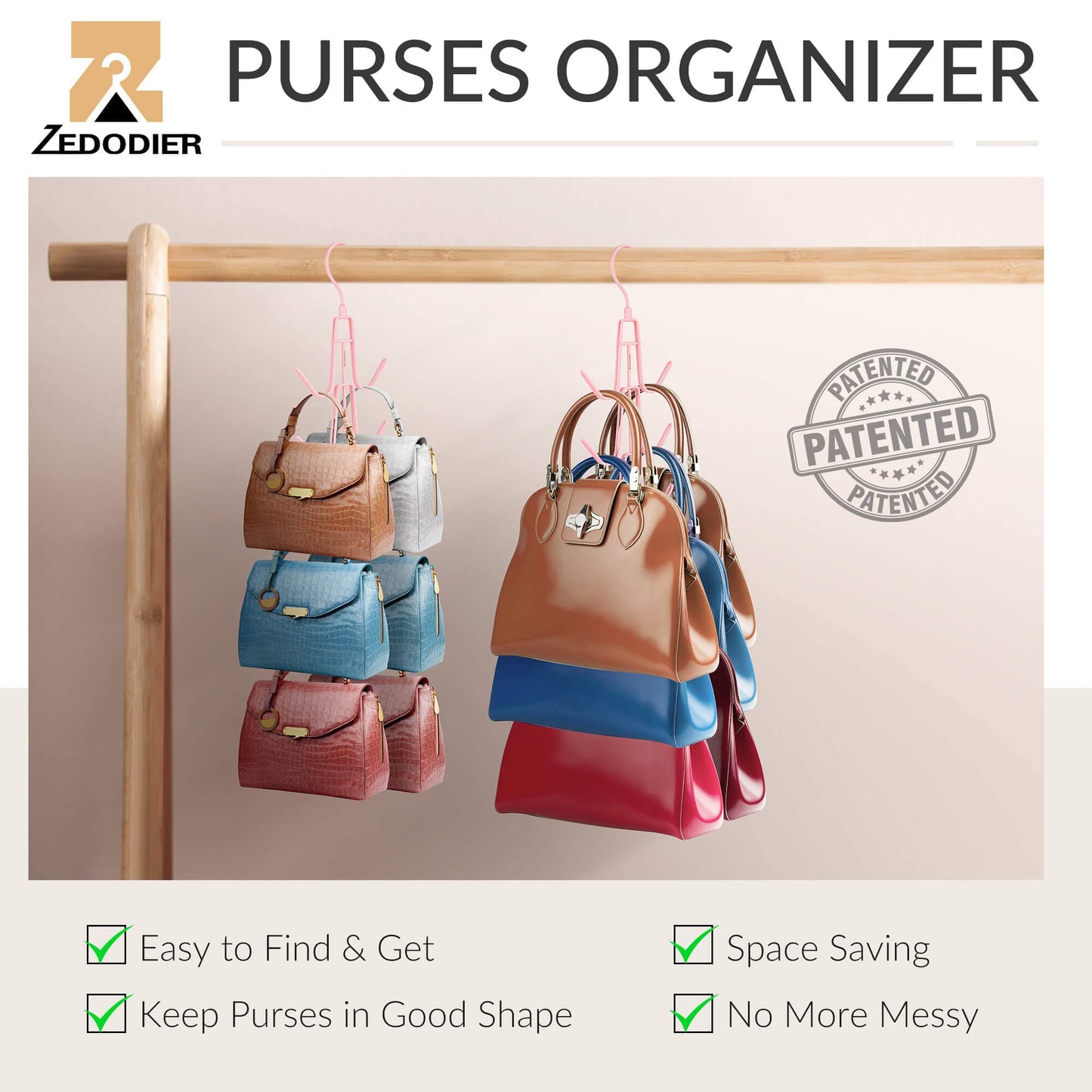 ZEDODIER 2 Pack Purse Organizer for Closet, Heavy-Duty Hanging Purse Hanger Closet Holds Up to 12 Purses, Metal Rotating Space Saving Bag Holder Handbag Storage Hook Backpack Rack, Silver