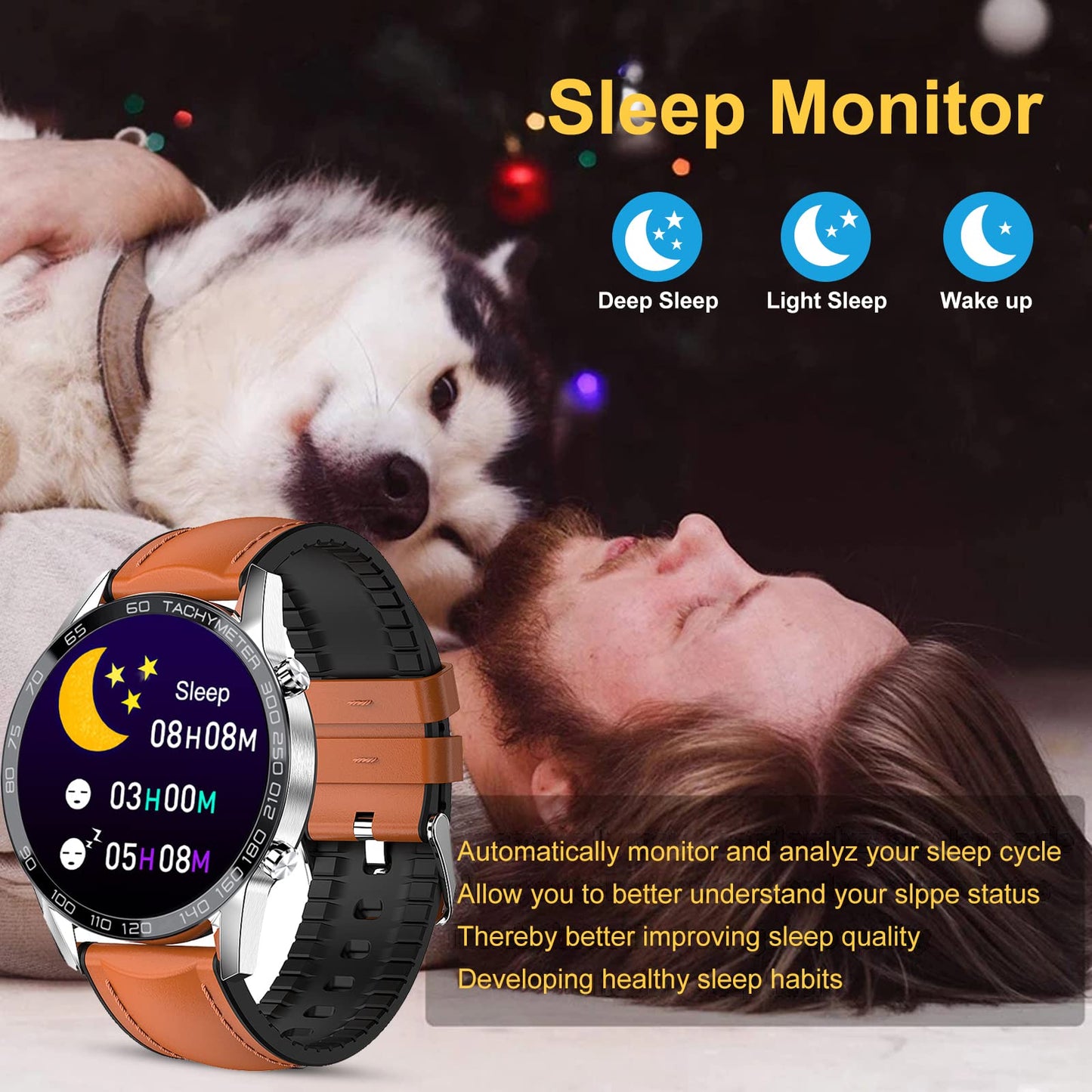 Men Smart Watch for Android iOS, Bluetooth Calls Voice Chat with Heart Rate/Sleep Monitor Fitness Tracker, 1.3" Full Touch Screen IP67 Waterproof Stainless Steel Activity Tracker for Men