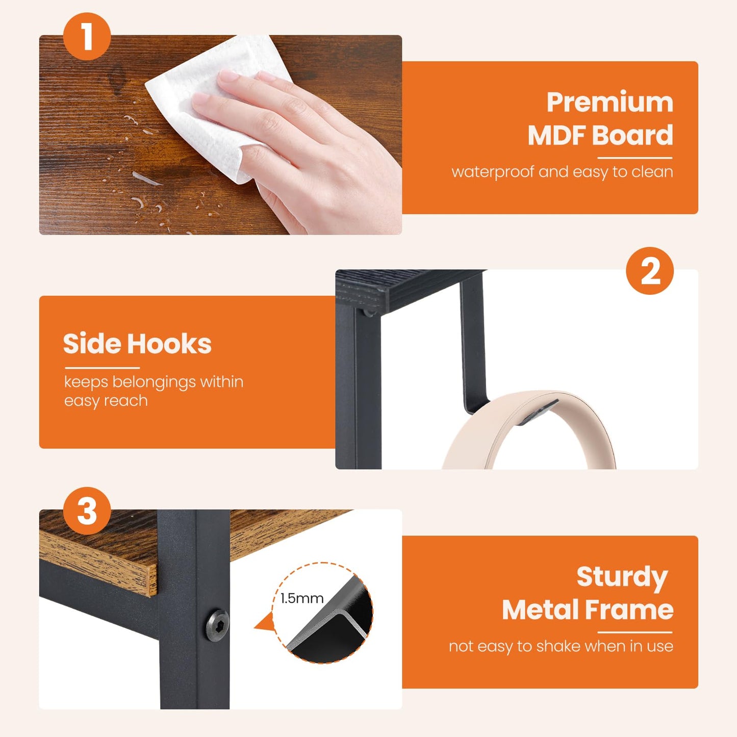 Sweetcrispy 47 Inch Computer Desk with Drawers for Home Office Writing Desk X Shaped Reinforcement Wood Surface Adjustable Position Modern Study Work Side Hook Metal Frame Storage Station Rust