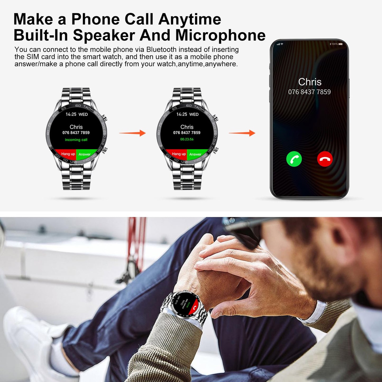 Men Smart Watch for Android iOS, Bluetooth Calls Voice Chat with Heart Rate/Sleep Monitor Fitness Tracker, 1.3" Full Touch Screen IP67 Waterproof Stainless Steel Activity Tracker for Men