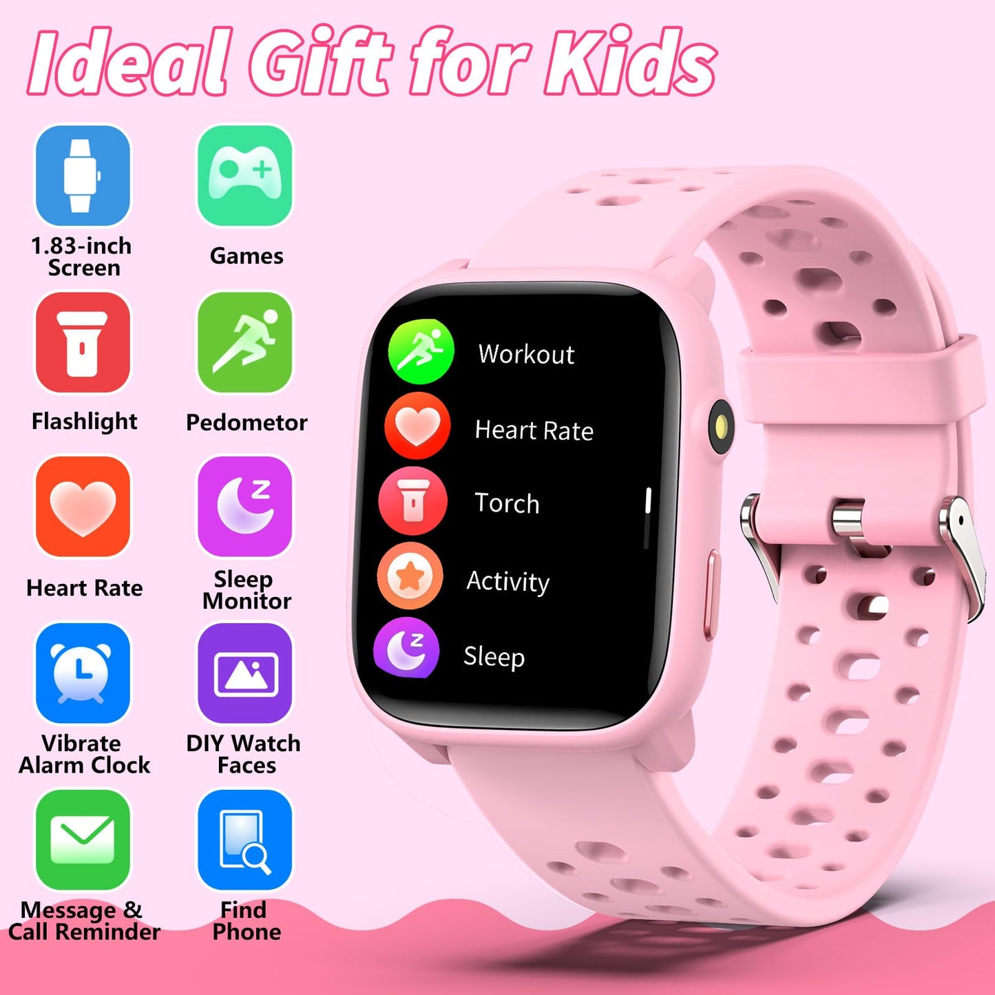 Smart Watch for Kids with 12 Puzzle Games, 1.83" Fitness Tracker Watch Heart Rate Sleep Monitor, Pedometer, Alarm Clock, Flashlight, Gift for 6-12 Year Old Boys Girls